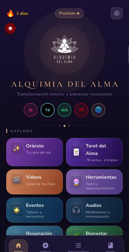 Pantalla de inicio de la aplicación Alquimia del Alma, con acceso al oráculo, el tarot, los videos, las herramientas, los eventos y los audios